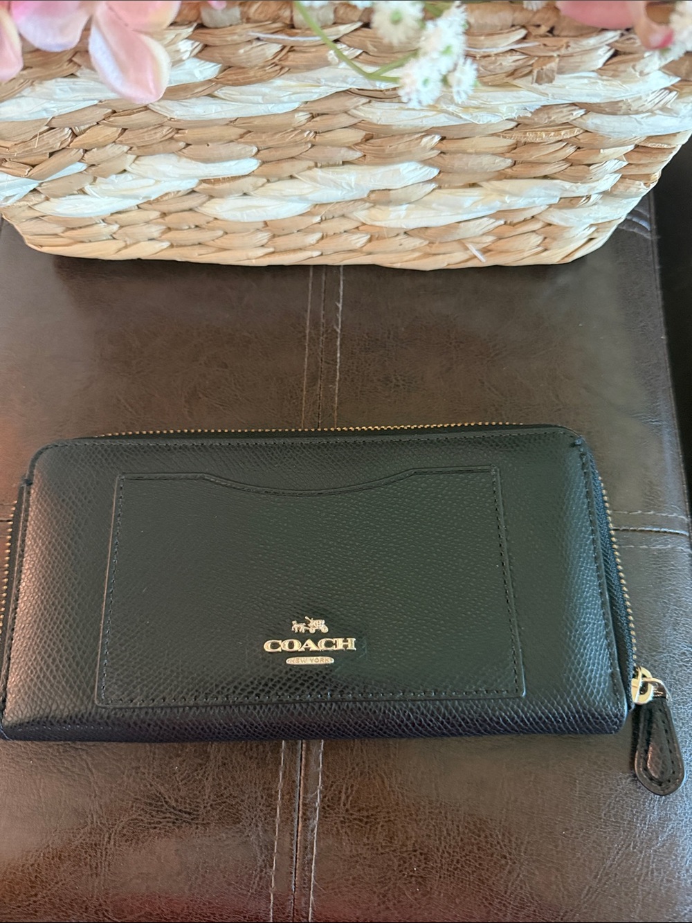 Coach Black Pebbled Leather Zip Around Wallet with Gold Accent